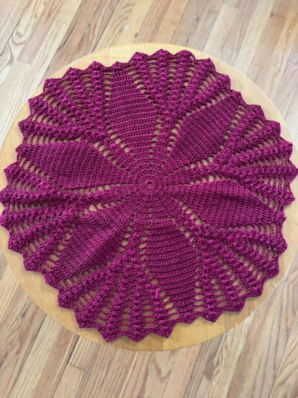 Hand Crocheted Round Doily Table Topper Berry Burgundy Lace Cottagecore 16"